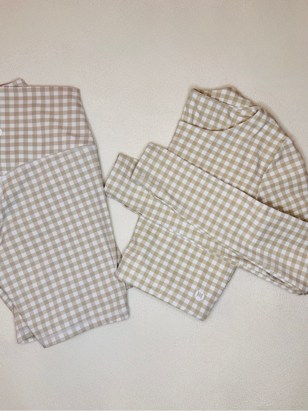 Astoria Matching Gingham Two-Piece Workout Set in Beige and White size S